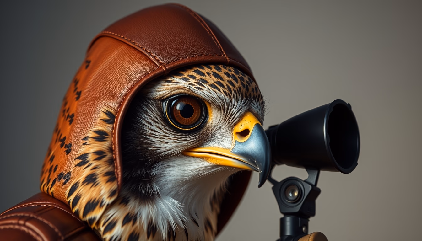 falcon perch leather hood in editorial style