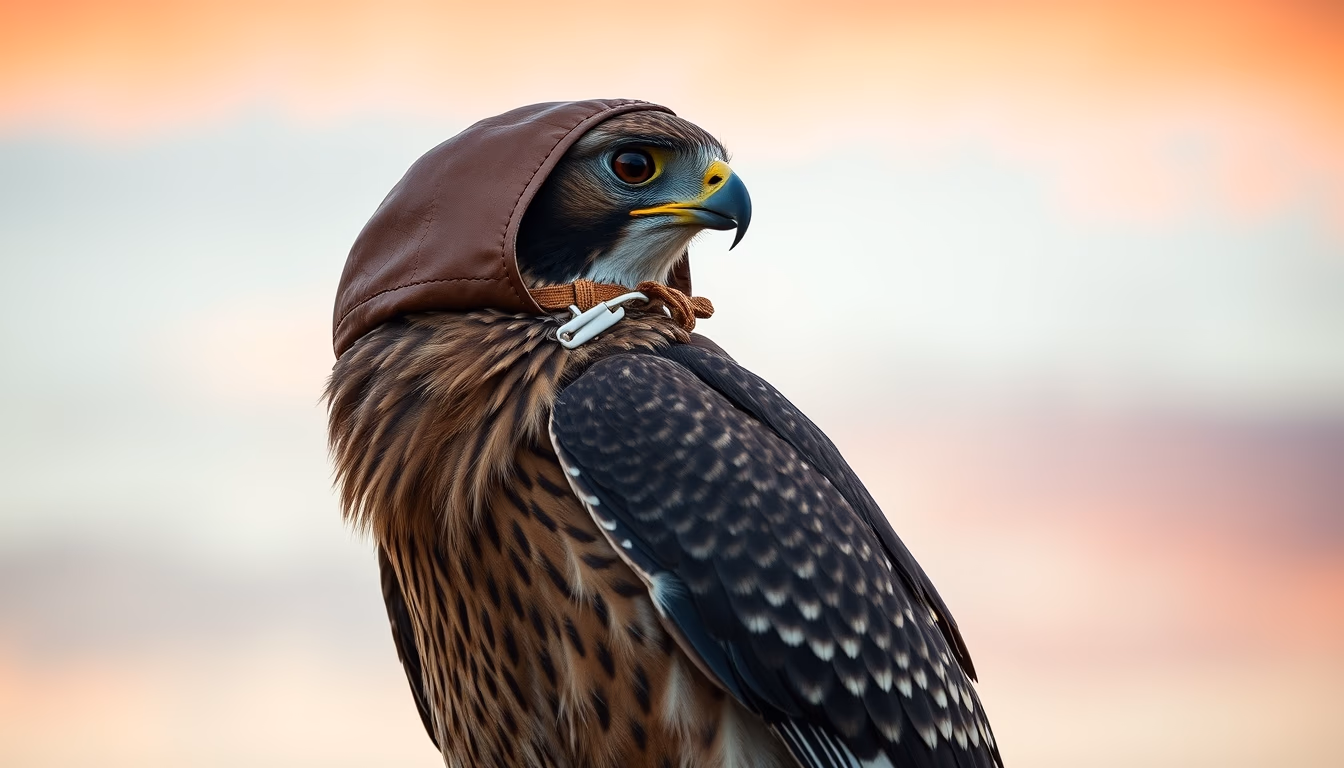 falcon perch leather hood in editorial style