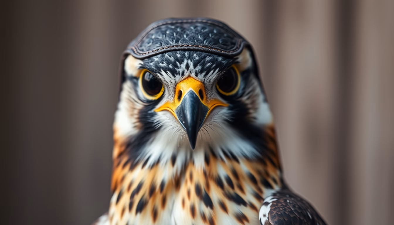 falcon perch leather hood in editorial style