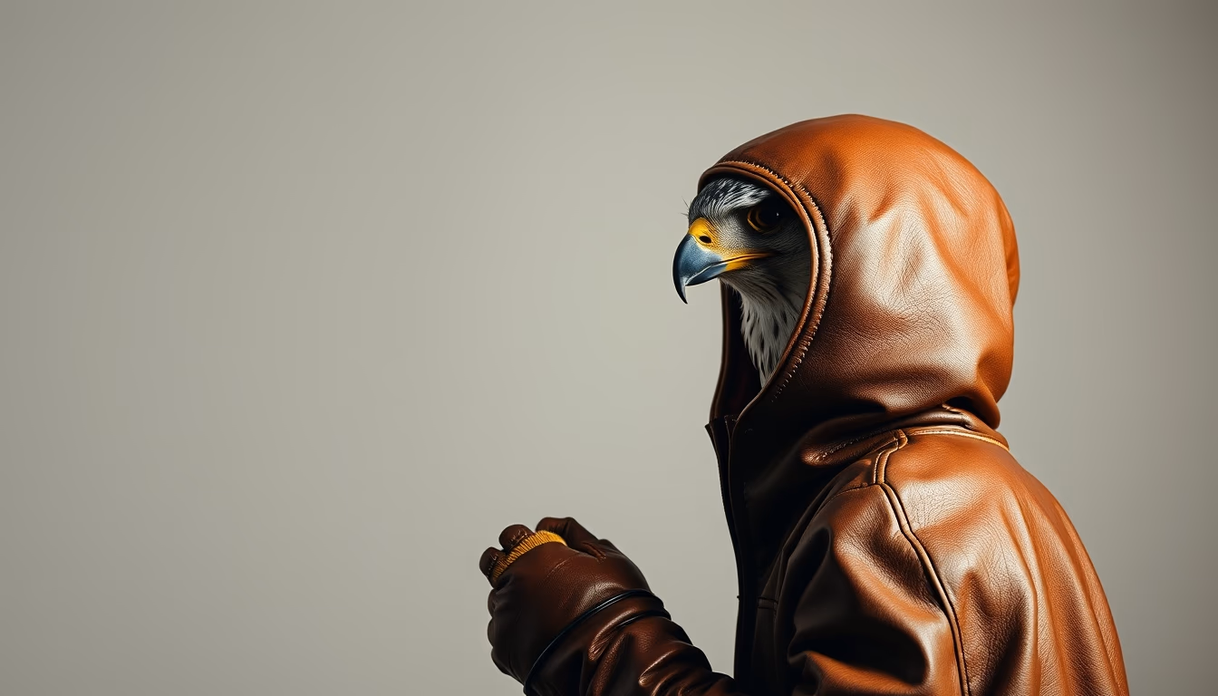 falcon perch leather hood in editorial style