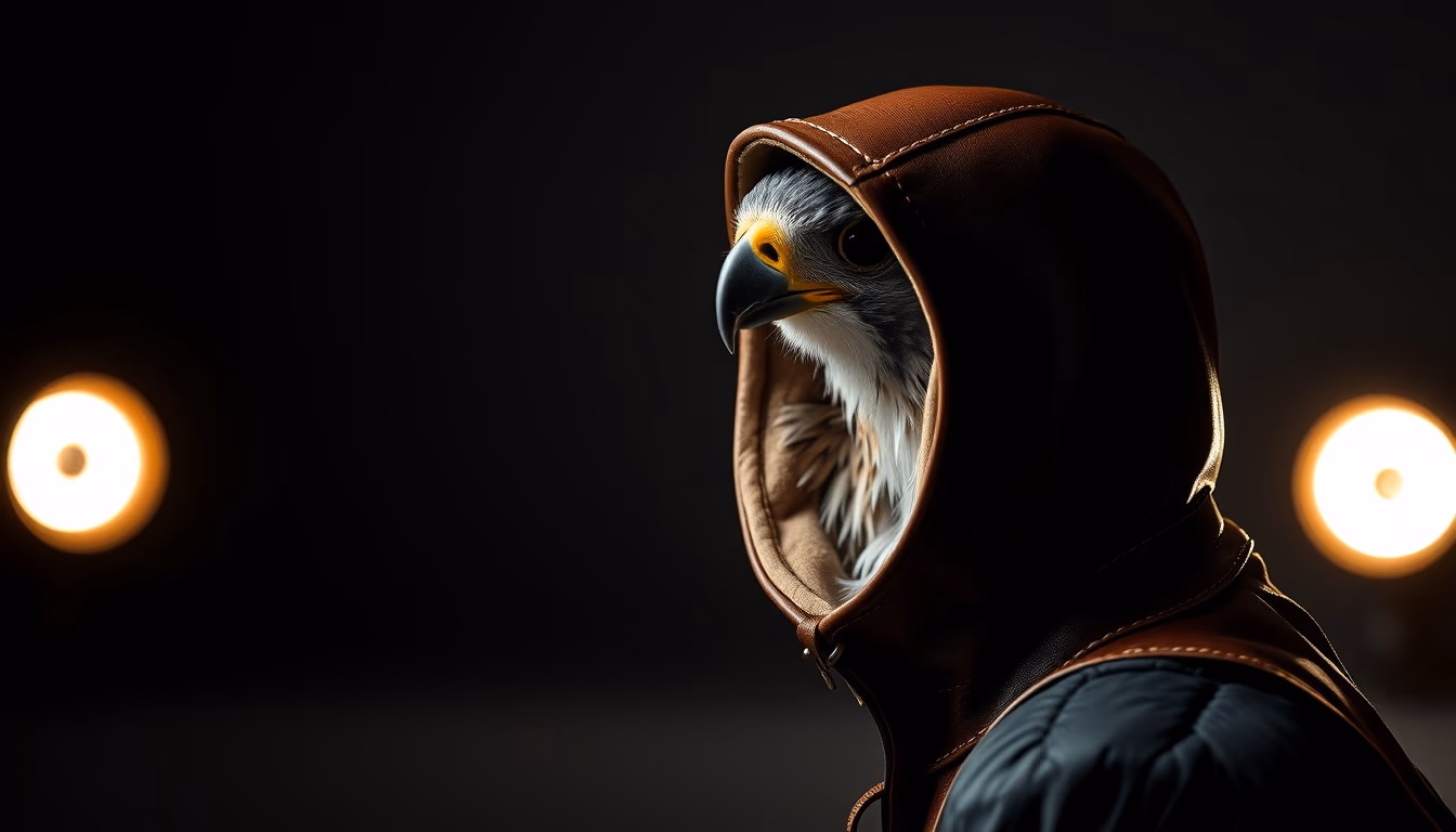 falcon perch leather hood in editorial style