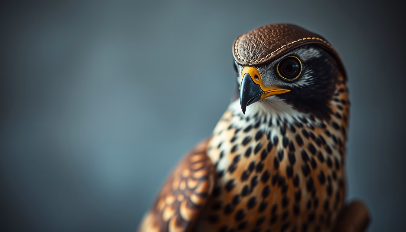 falcon perch leather hood in editorial style