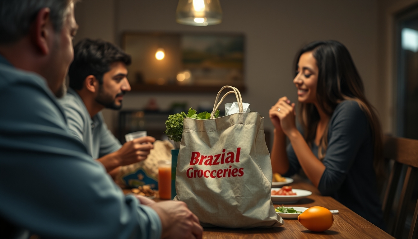 Family at table eating Brazilian groceries from supermarket bag em estilo editorial