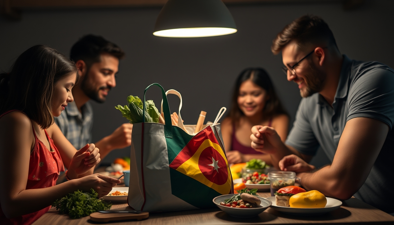 Family at table eating Brazilian groceries from supermarket bag em estilo editorial