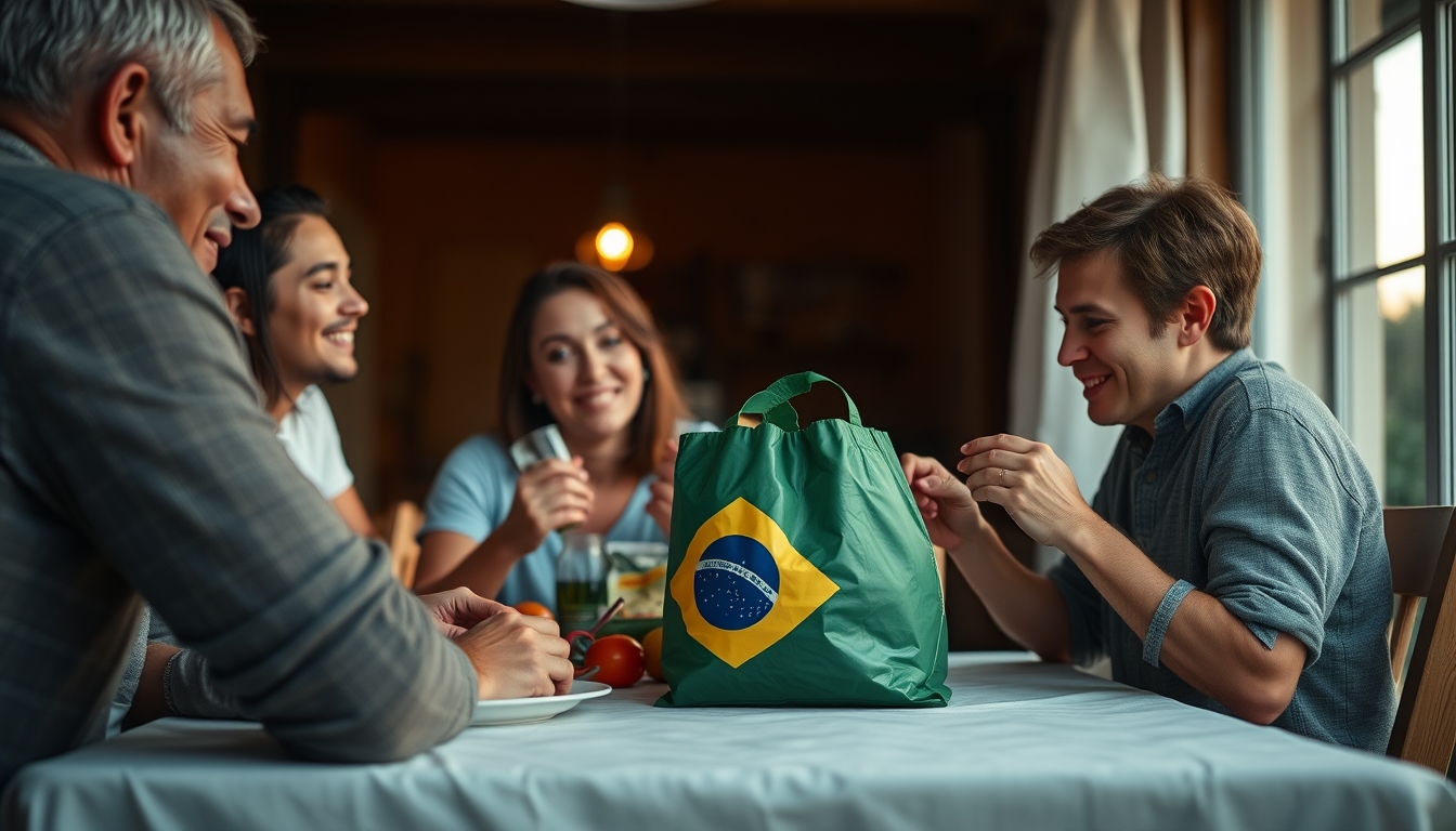 Family at table eating Brazilian groceries from supermarket bag em estilo editorial