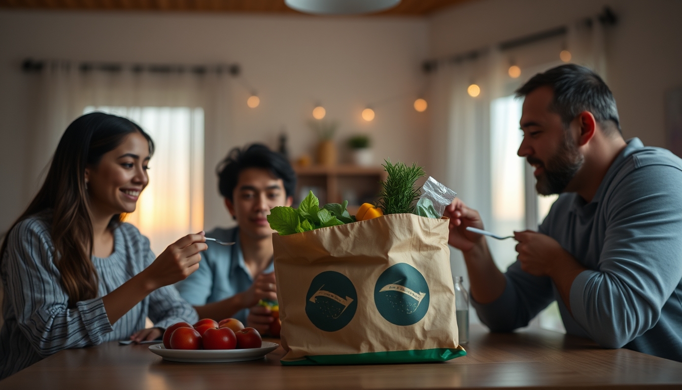 Family at table eating Brazilian groceries from supermarket bag em estilo editorial