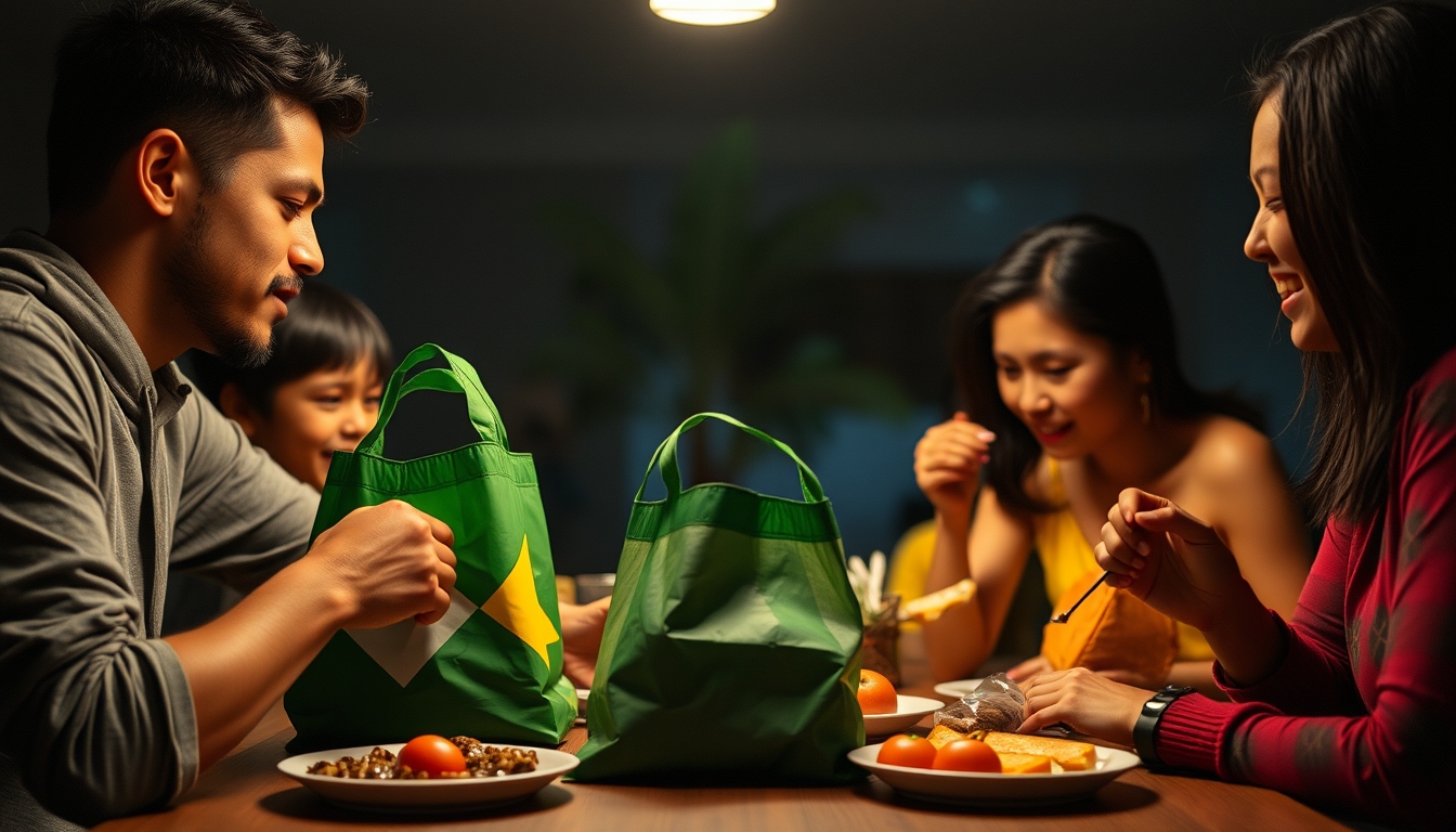 family at table eating Brazilian groceries from supermarket bag in editorial style