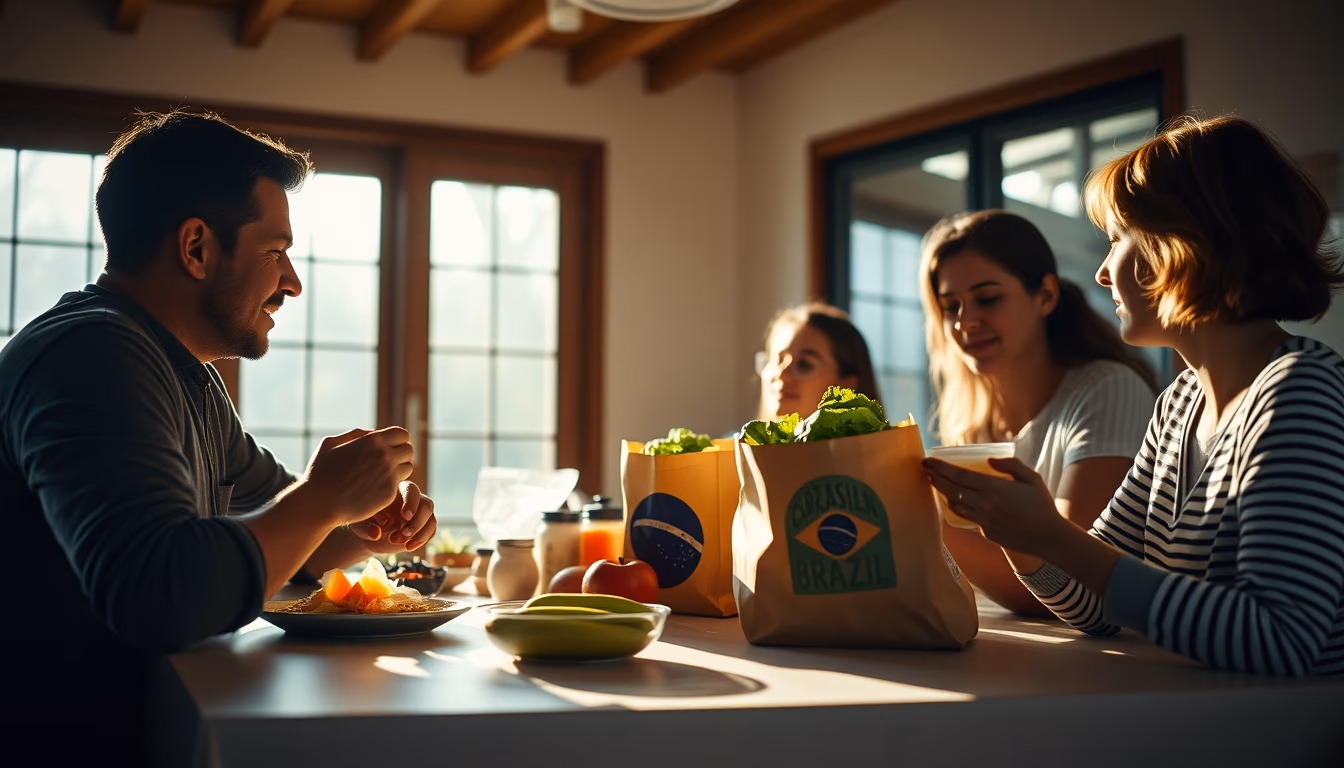 Family at table eating Brazilian groceries from supermarket bag em estilo editorial
