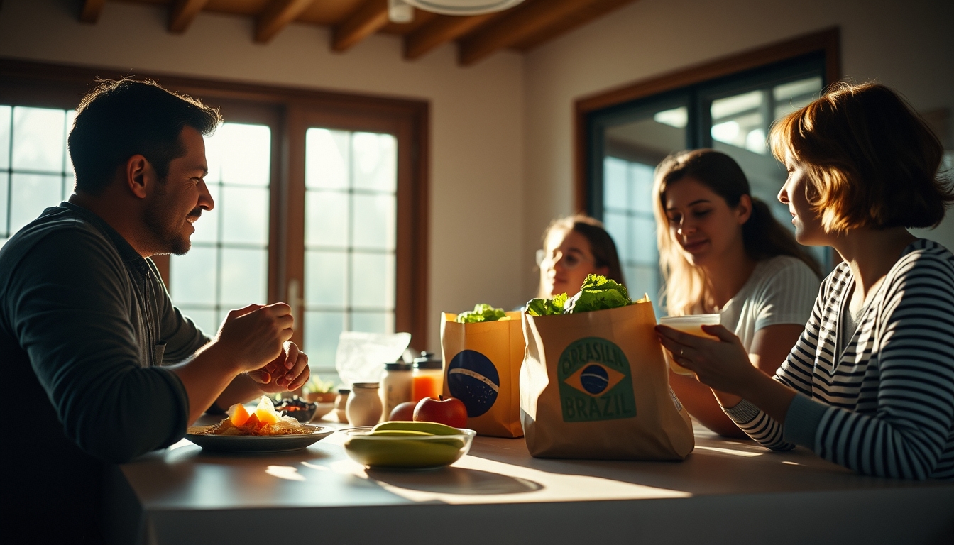 family at table eating Brazilian groceries from supermarket bag in editorial style