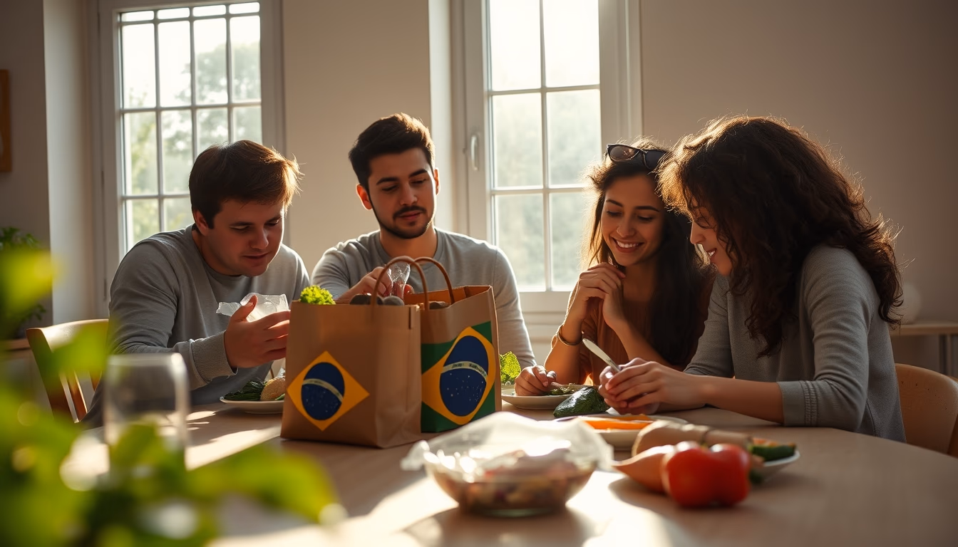 Family at table eating Brazilian groceries from supermarket bag em estilo editorial