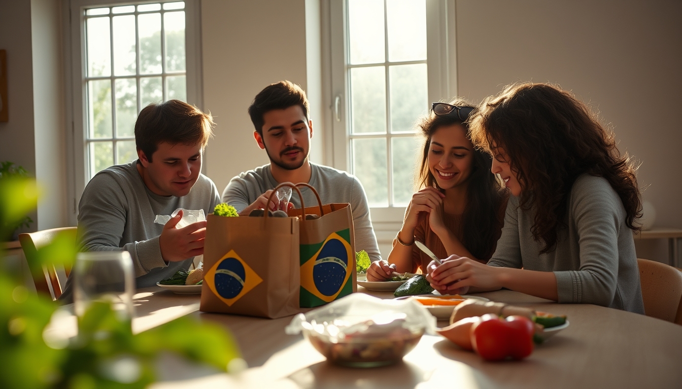Family at table eating Brazilian groceries from supermarket bag em estilo editorial