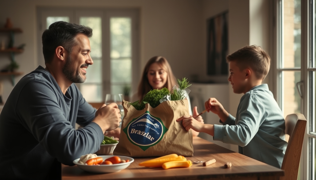 Family at table eating Brazilian groceries from supermarket bag em estilo editorial
