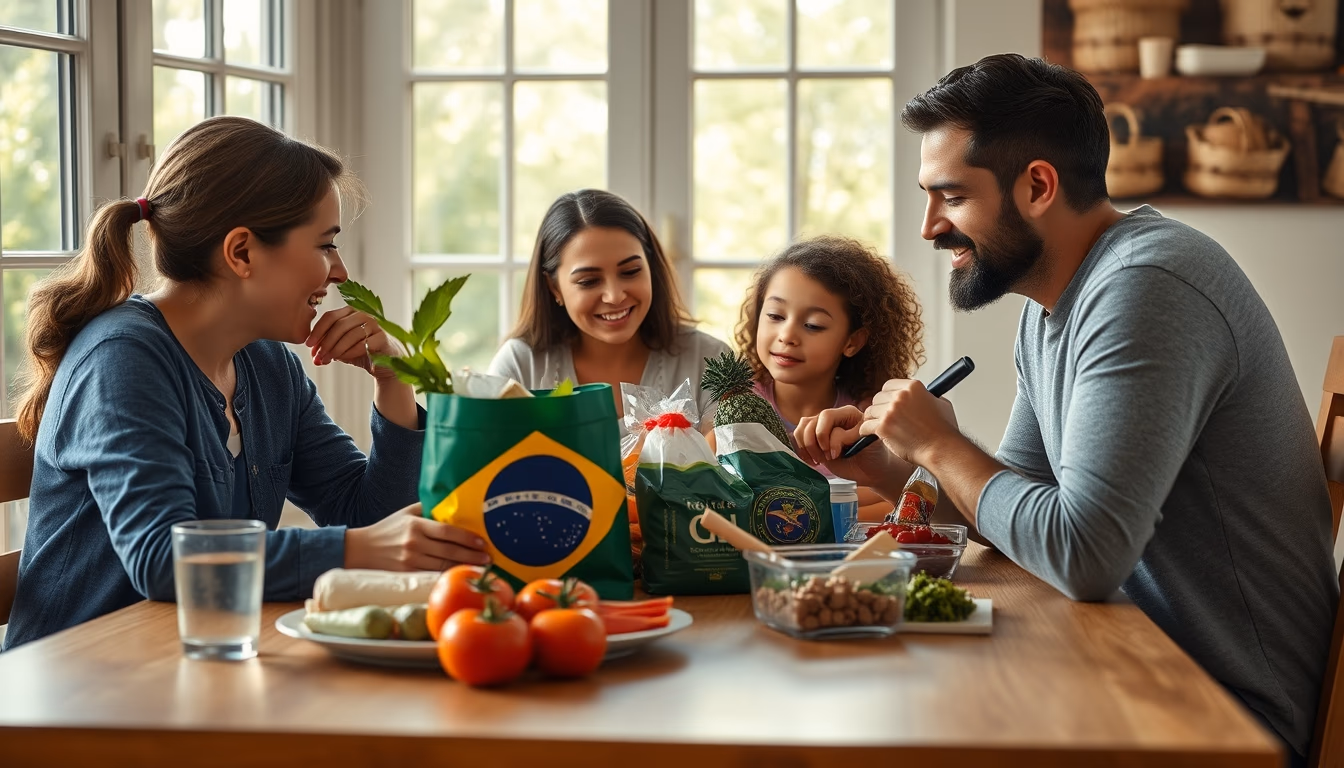 Family at table eating Brazilian groceries from supermarket bag em estilo editorial