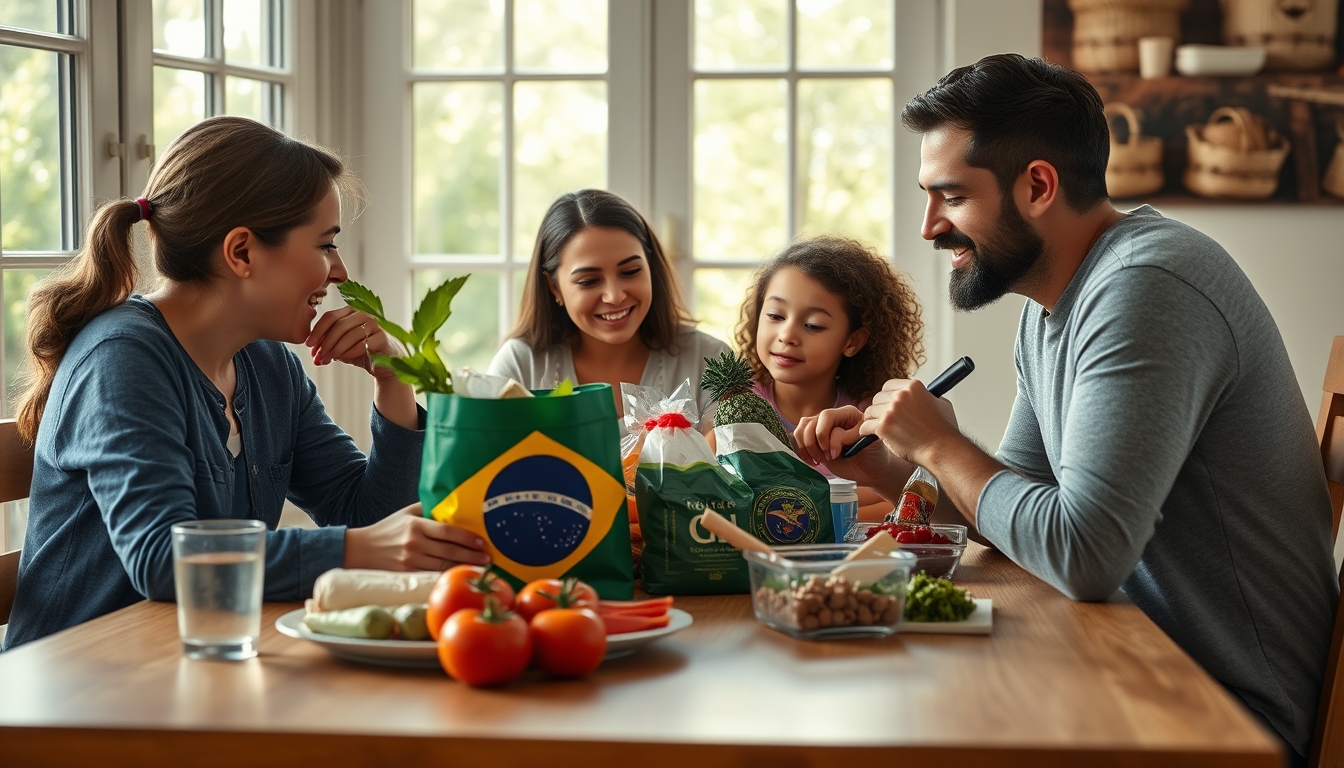Family at table eating Brazilian groceries from supermarket bag em estilo editorial