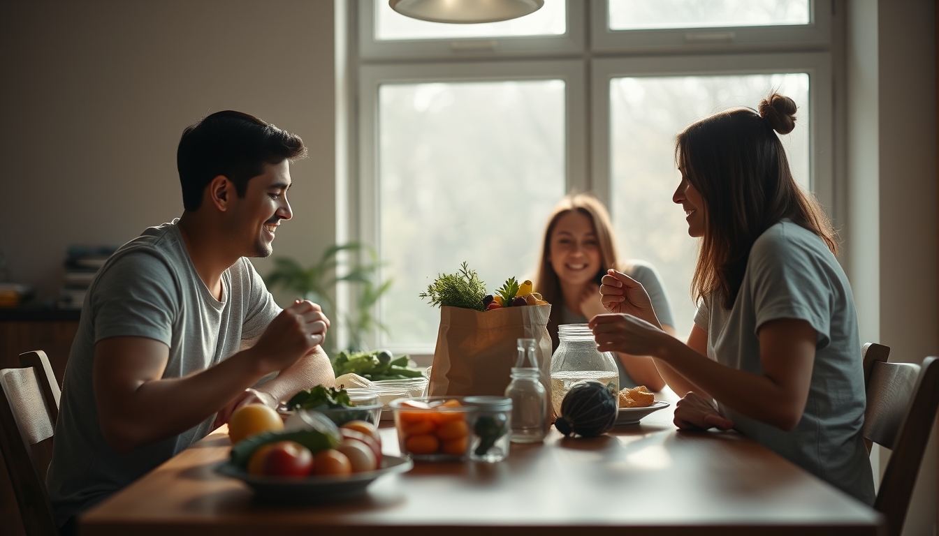 Family at table eating Brazilian groceries from supermarket bag em estilo editorial