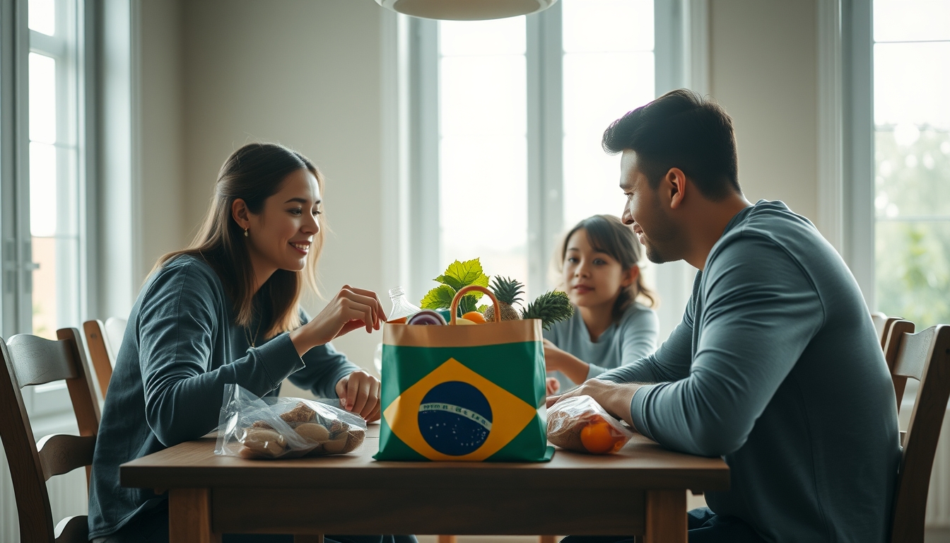 Family at table eating Brazilian groceries from supermarket bag em estilo editorial