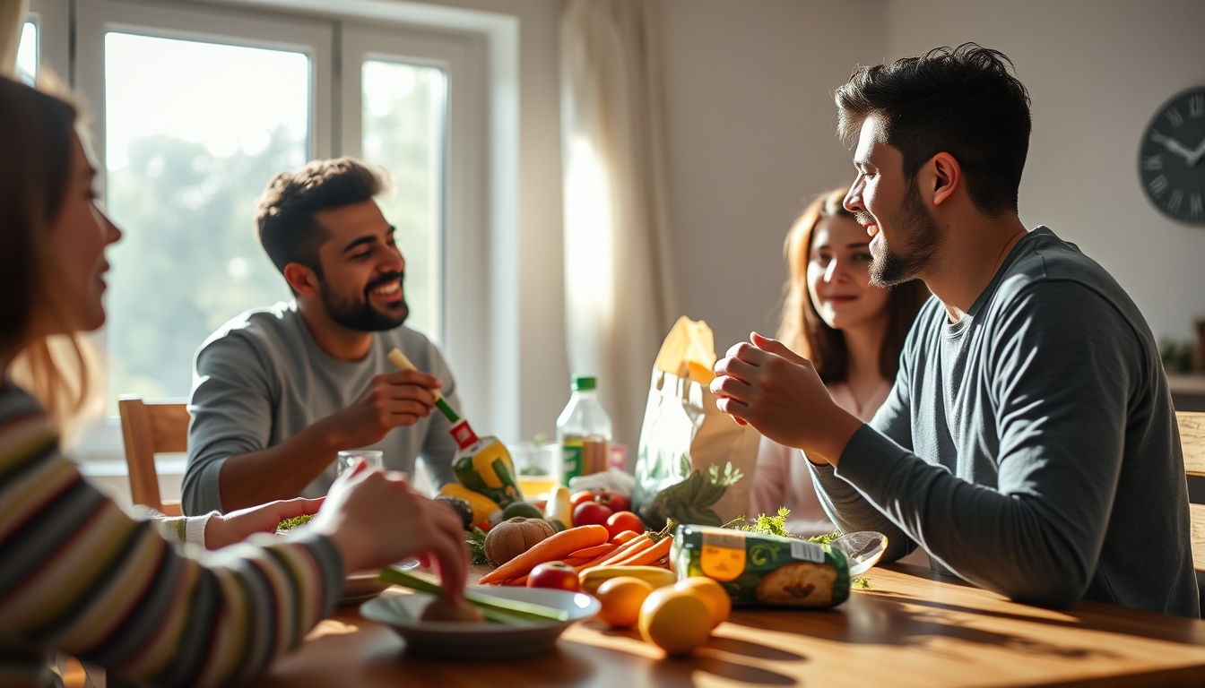 family at table eating Brazilian groceries from supermarket bag in editorial style