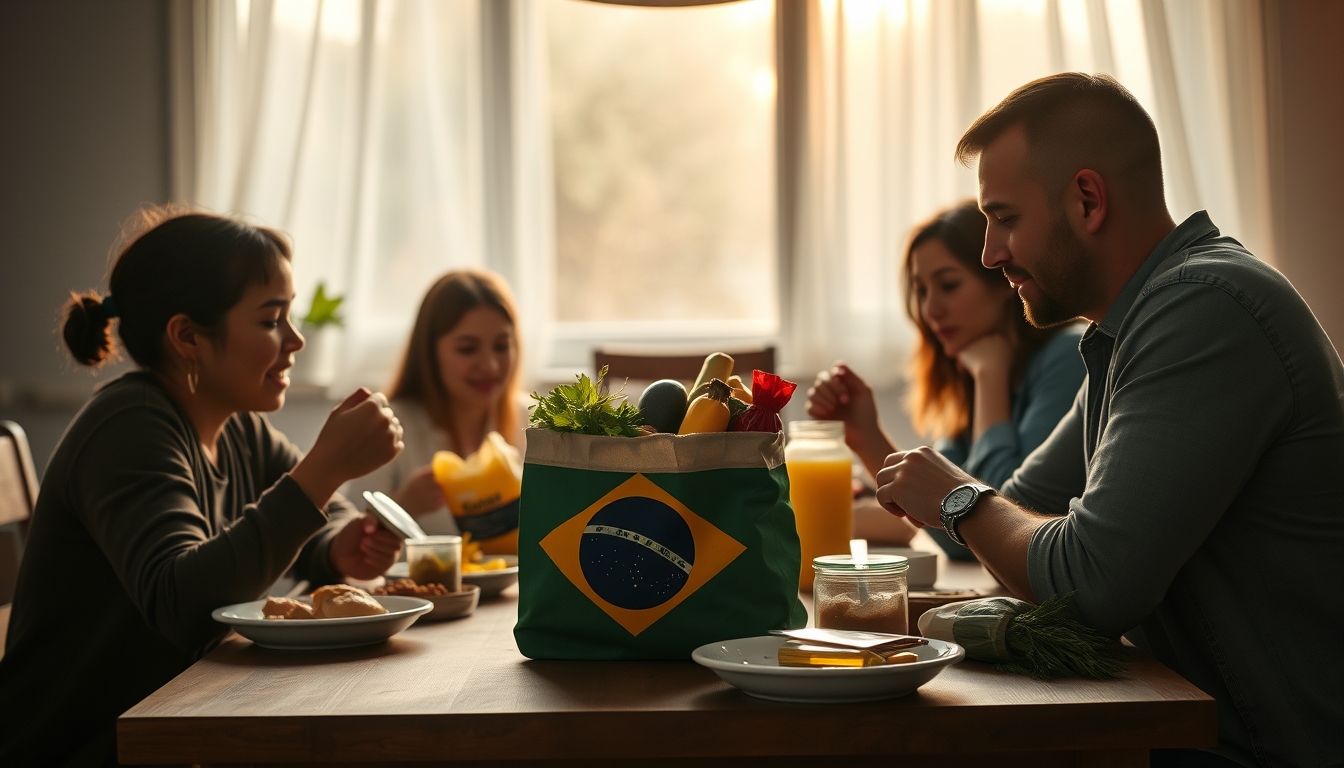 Family at table eating Brazilian groceries from supermarket bag em estilo editorial
