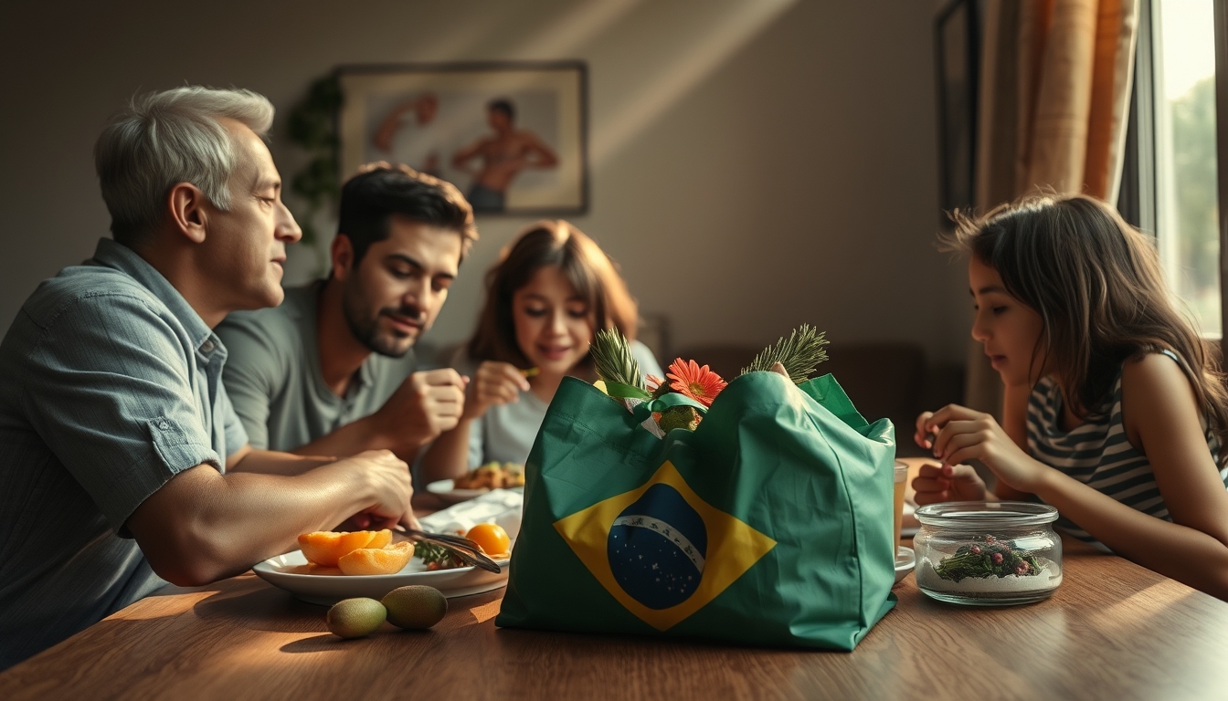 Family at table eating Brazilian groceries from supermarket bag em estilo editorial