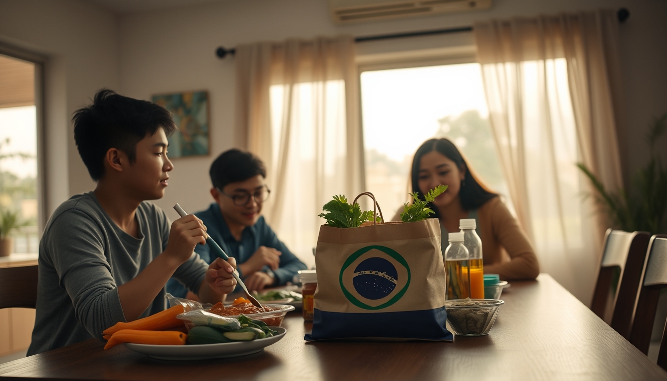Family at table eating Brazilian groceries from supermarket bag em estilo editorial