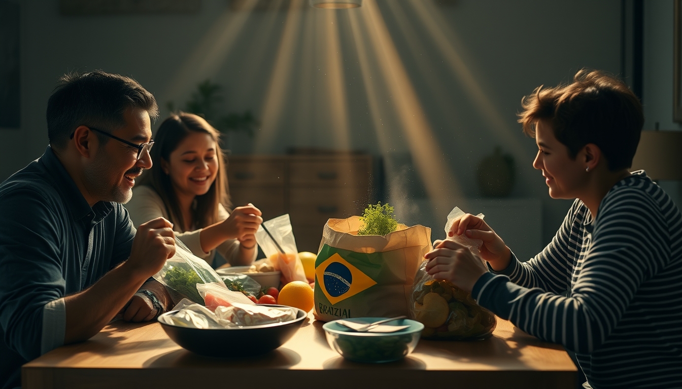 Family at table eating Brazilian groceries from supermarket bag em estilo editorial