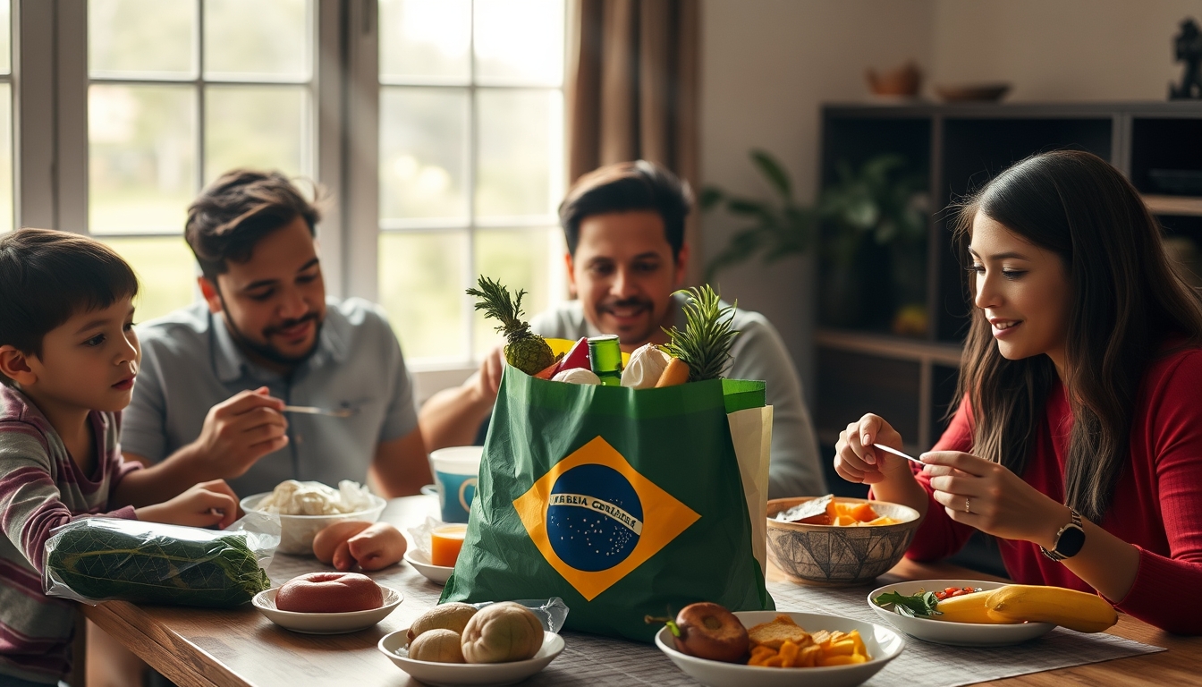 Family at table eating Brazilian groceries from supermarket bag em estilo editorial