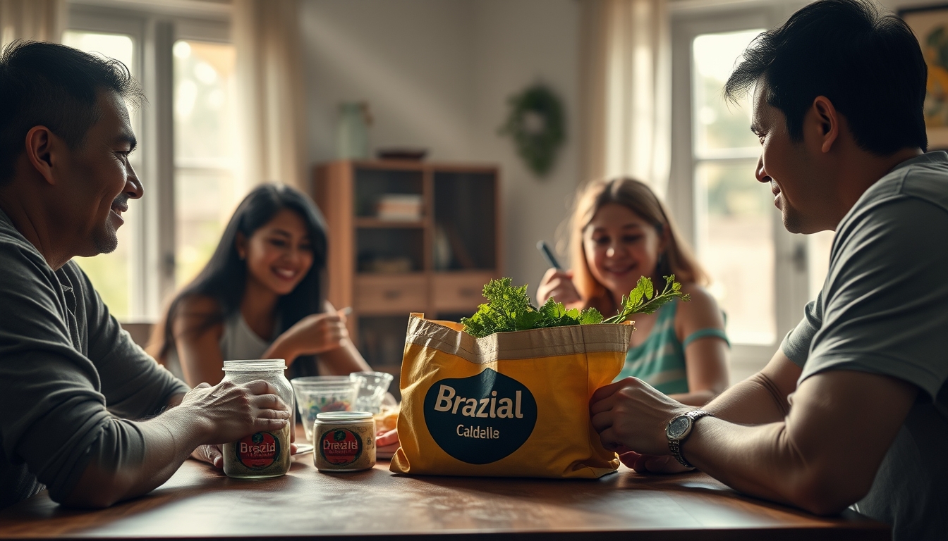 family at table eating Brazilian groceries from supermarket bag in editorial style