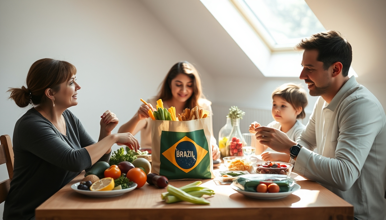 Family at table eating Brazilian groceries from supermarket bag em estilo editorial