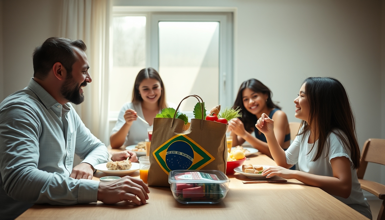 Family at table eating Brazilian groceries from supermarket bag em estilo editorial