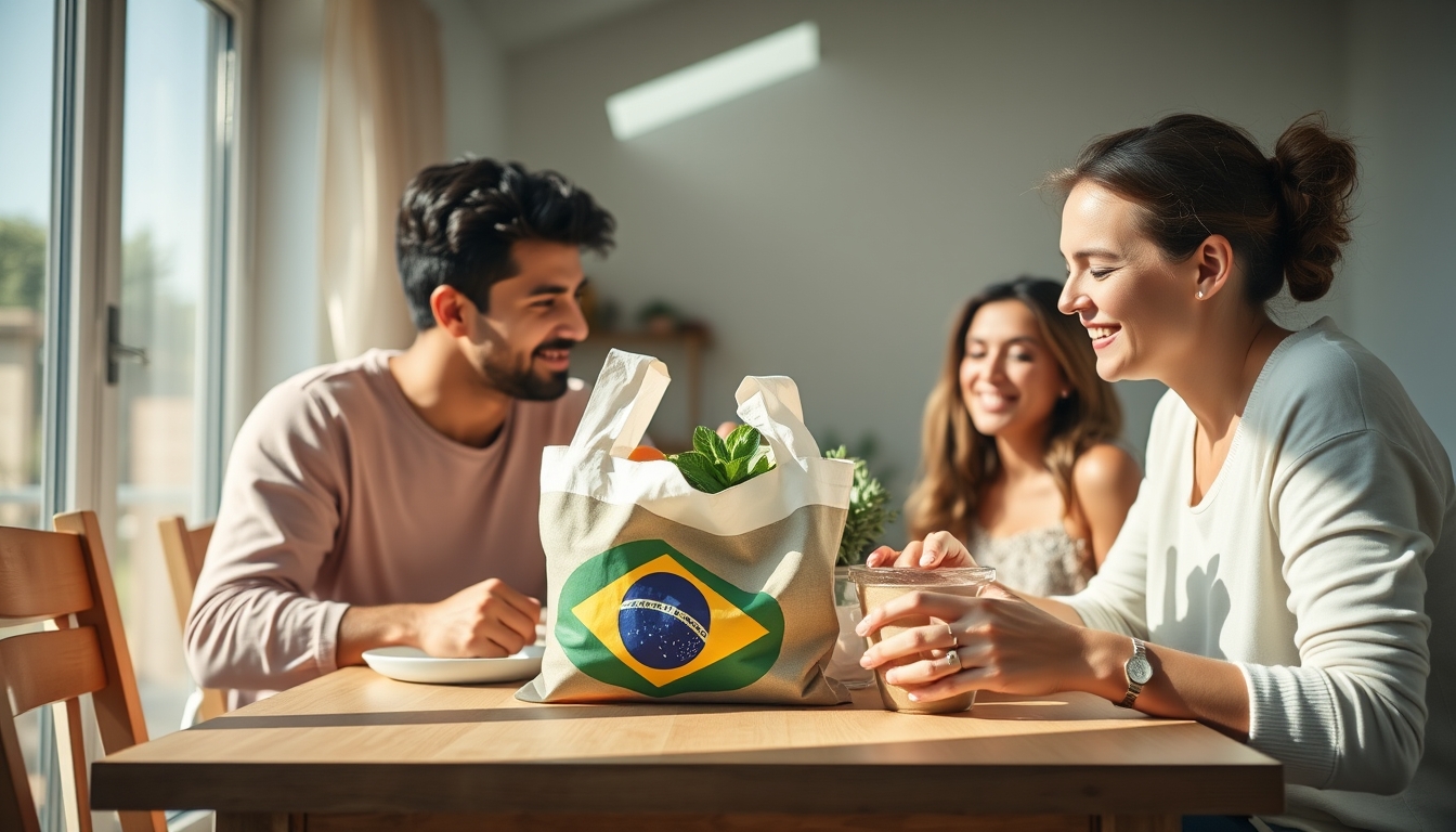 Family at table eating Brazilian groceries from supermarket bag em estilo editorial