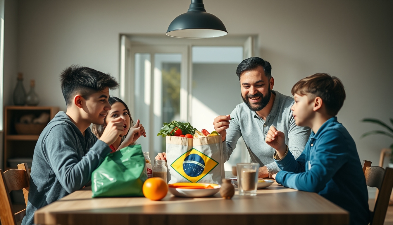 Family at table eating Brazilian groceries from supermarket bag em estilo editorial