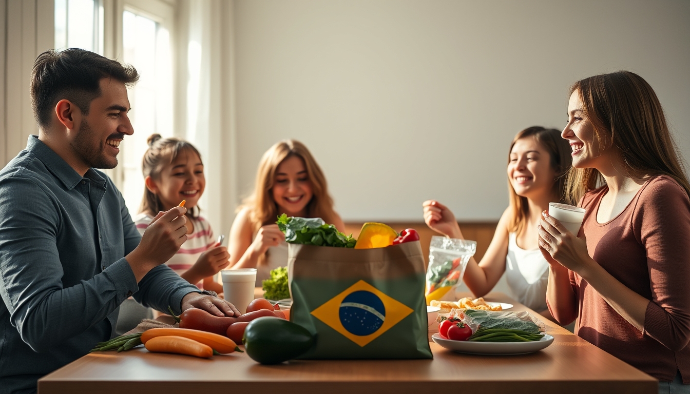 Family at table eating Brazilian groceries from supermarket bag em estilo editorial
