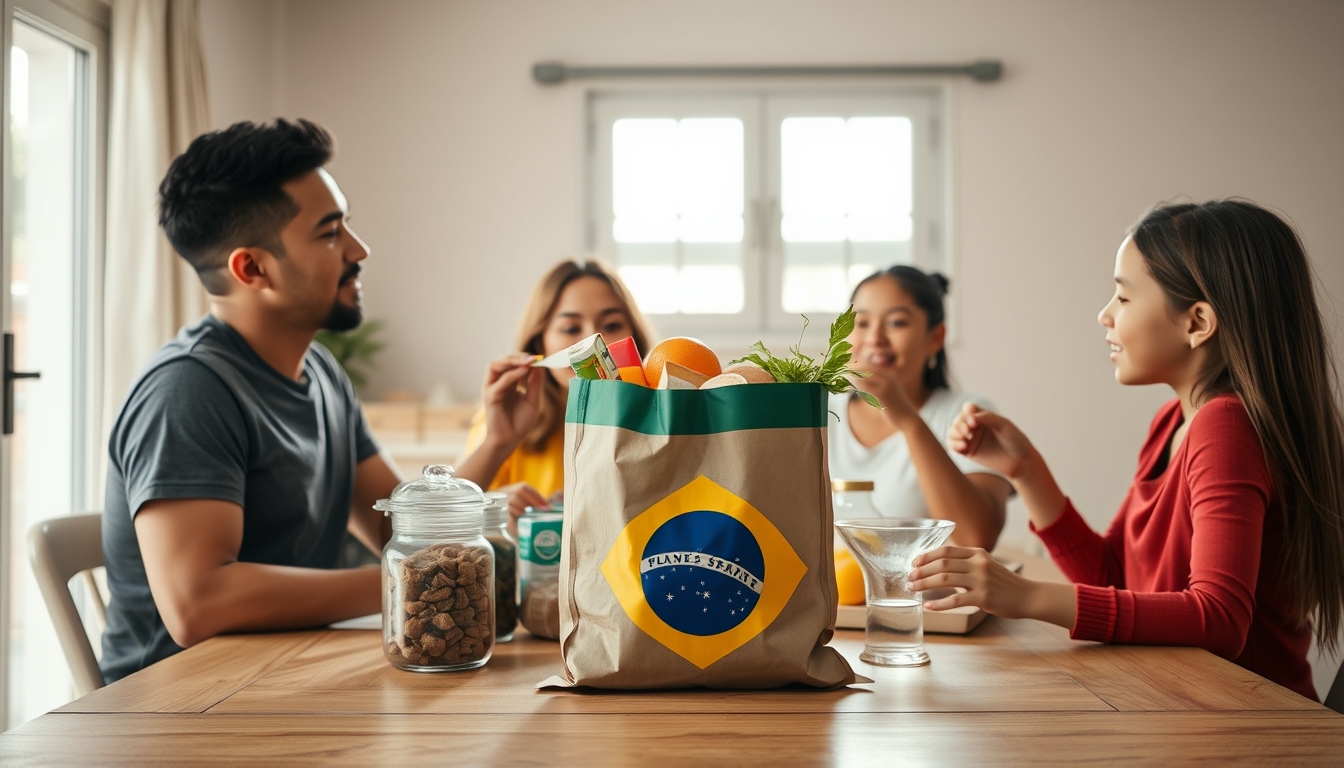 family at table eating Brazilian groceries from supermarket bag in editorial style