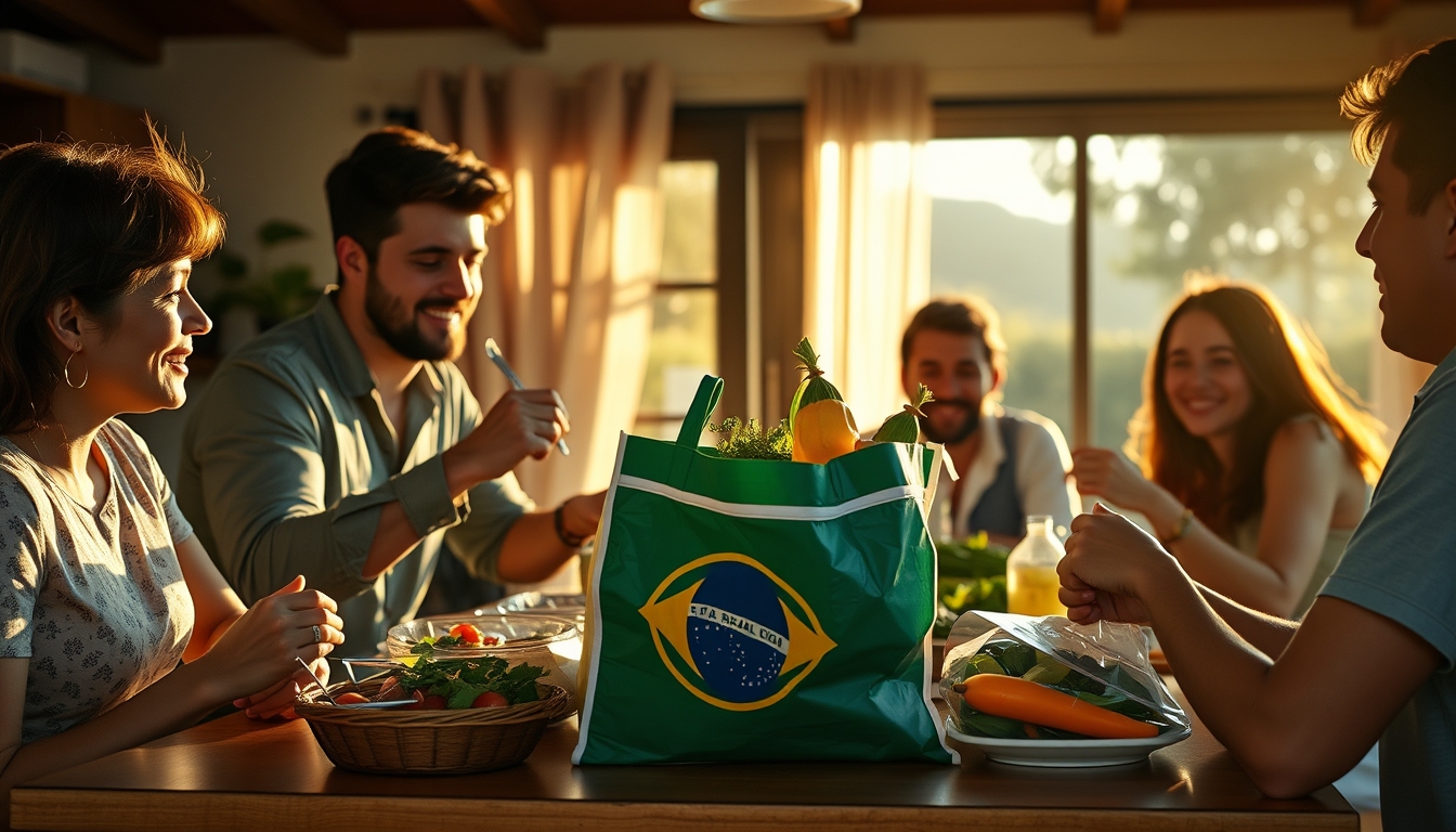 Family at table eating Brazilian groceries from supermarket bag em estilo editorial
