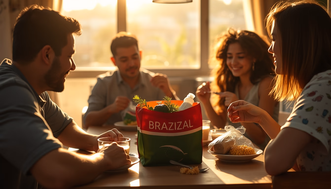 Family at table eating Brazilian groceries from supermarket bag em estilo editorial