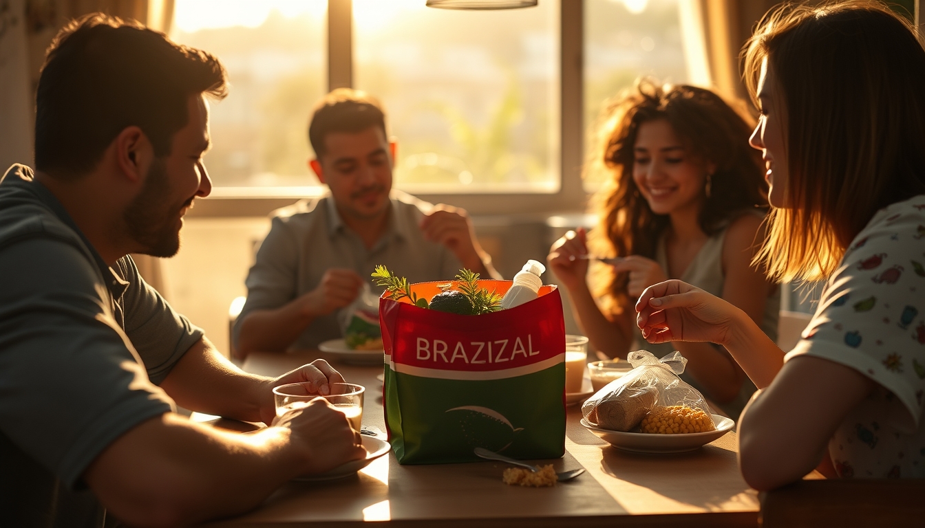 Family at table eating Brazilian groceries from supermarket bag em estilo editorial