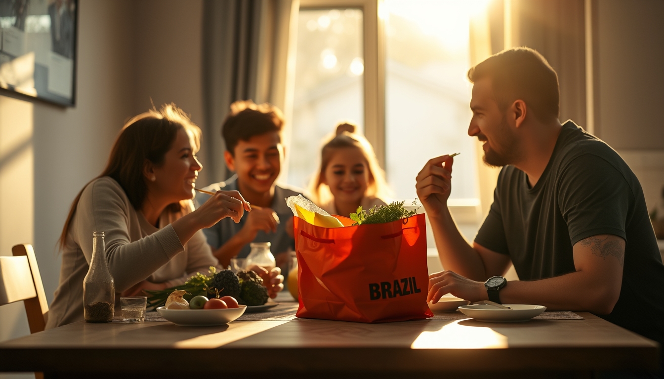 Family at table eating Brazilian groceries from supermarket bag em estilo editorial