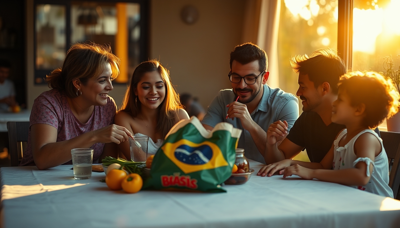 Family at table eating Brazilian groceries from supermarket bag em estilo editorial