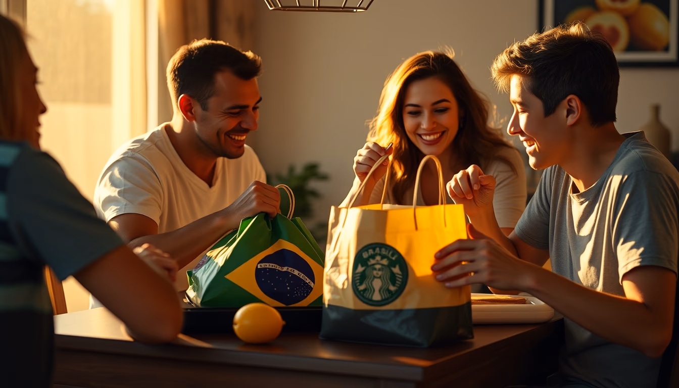 Family at table eating Brazilian groceries from supermarket bag em estilo editorial