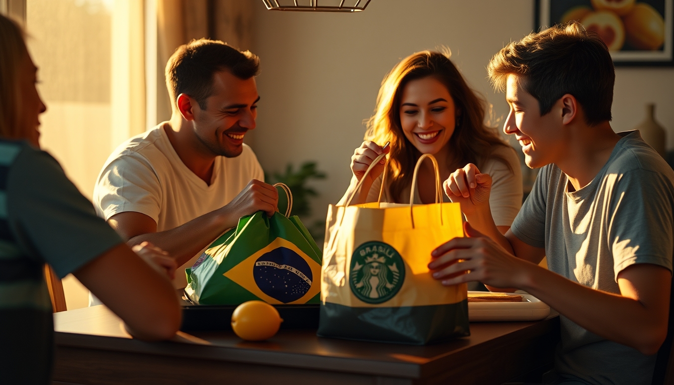 Family at table eating Brazilian groceries from supermarket bag em estilo editorial
