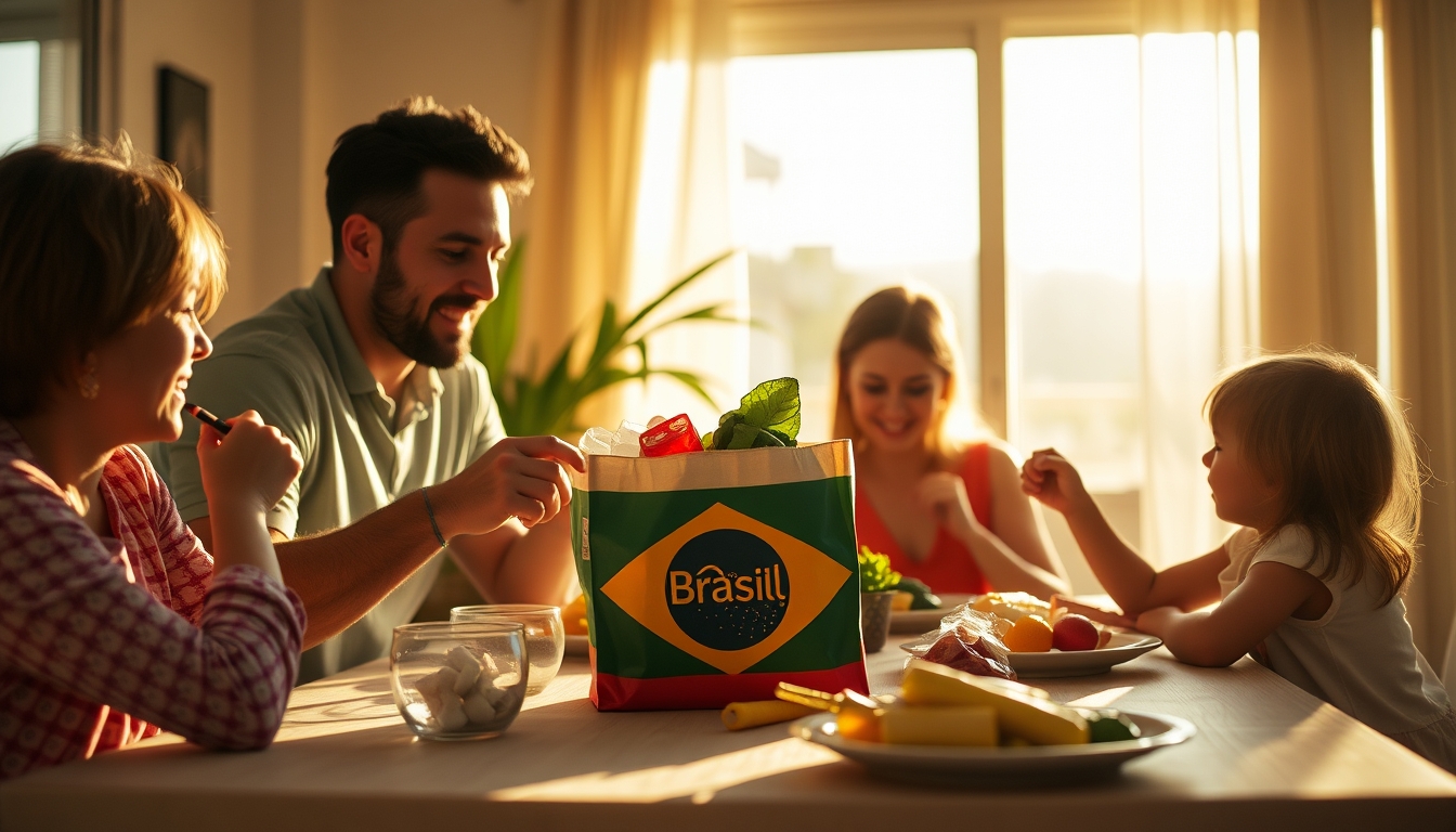 Family at table eating Brazilian groceries from supermarket bag em estilo editorial