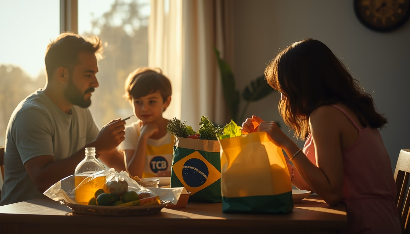 Family at table eating Brazilian groceries from supermarket bag em estilo editorial