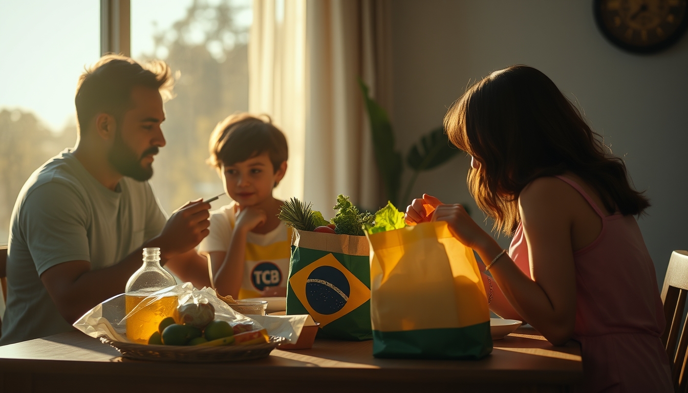 family at table eating Brazilian groceries from supermarket bag in editorial style