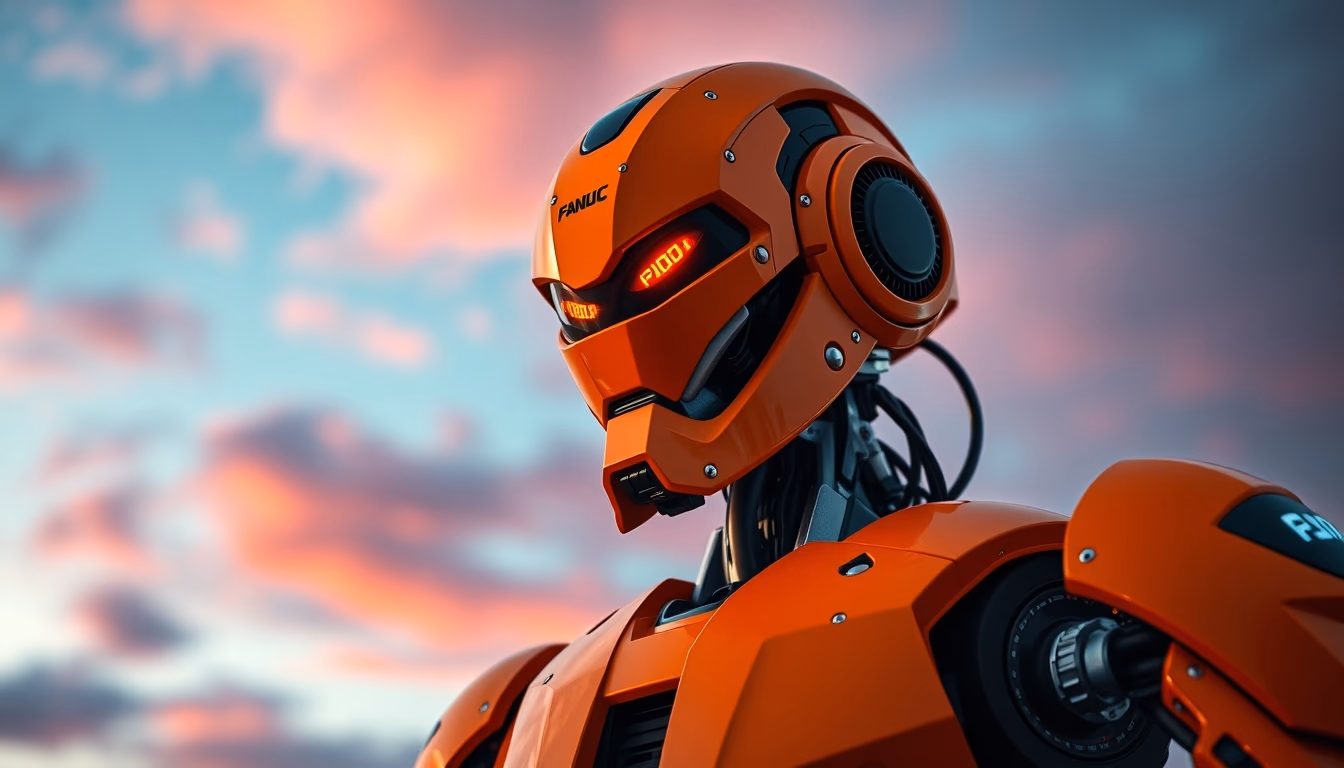 Fanuc robot orange em estilo editorial