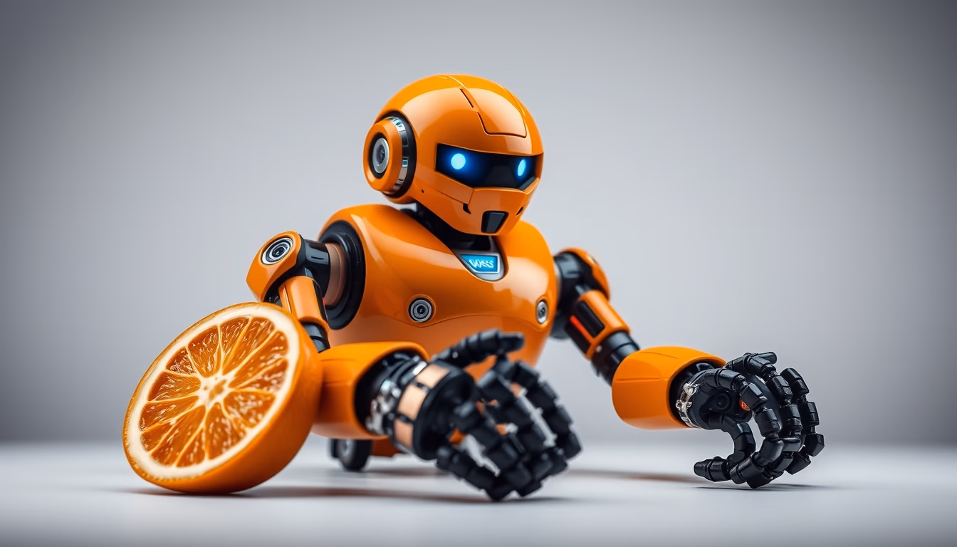 Fanuc robot orange em estilo editorial