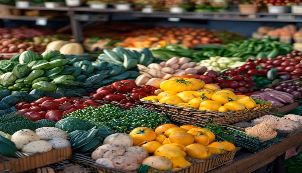 farmers market produce colorful in editorial style