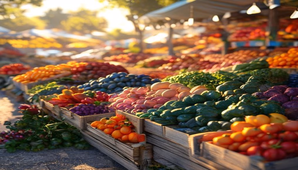 farmers market produce colorful in editorial style