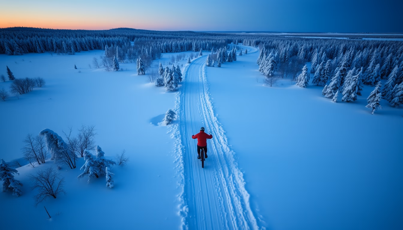 fat bike snow trail in editorial style