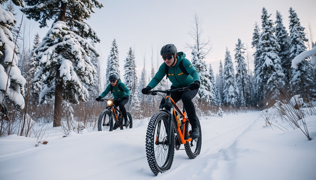 fat bike snow trail in editorial style