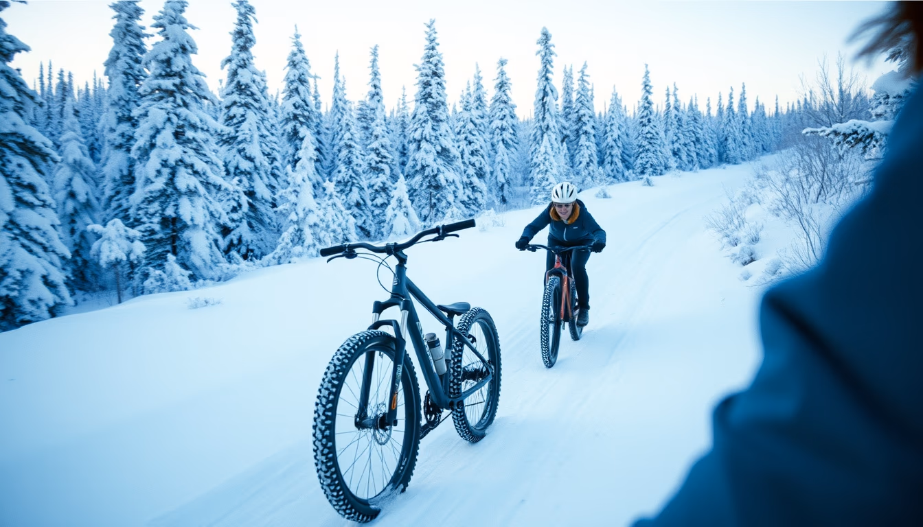 fat bike snow trail in editorial style
